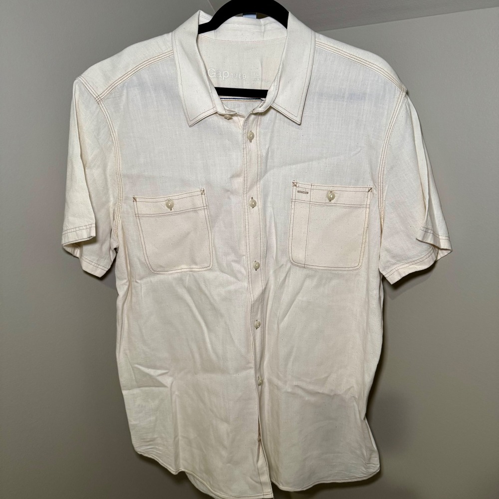 Gap 1969 Mens XL Short Sleeve Button Down Shirt Cream Cotton Canvas Workwear